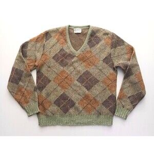 VTG Rob Scot Mohair Blend V Neck Sweater Olive Green/Brown Argyle Mens S